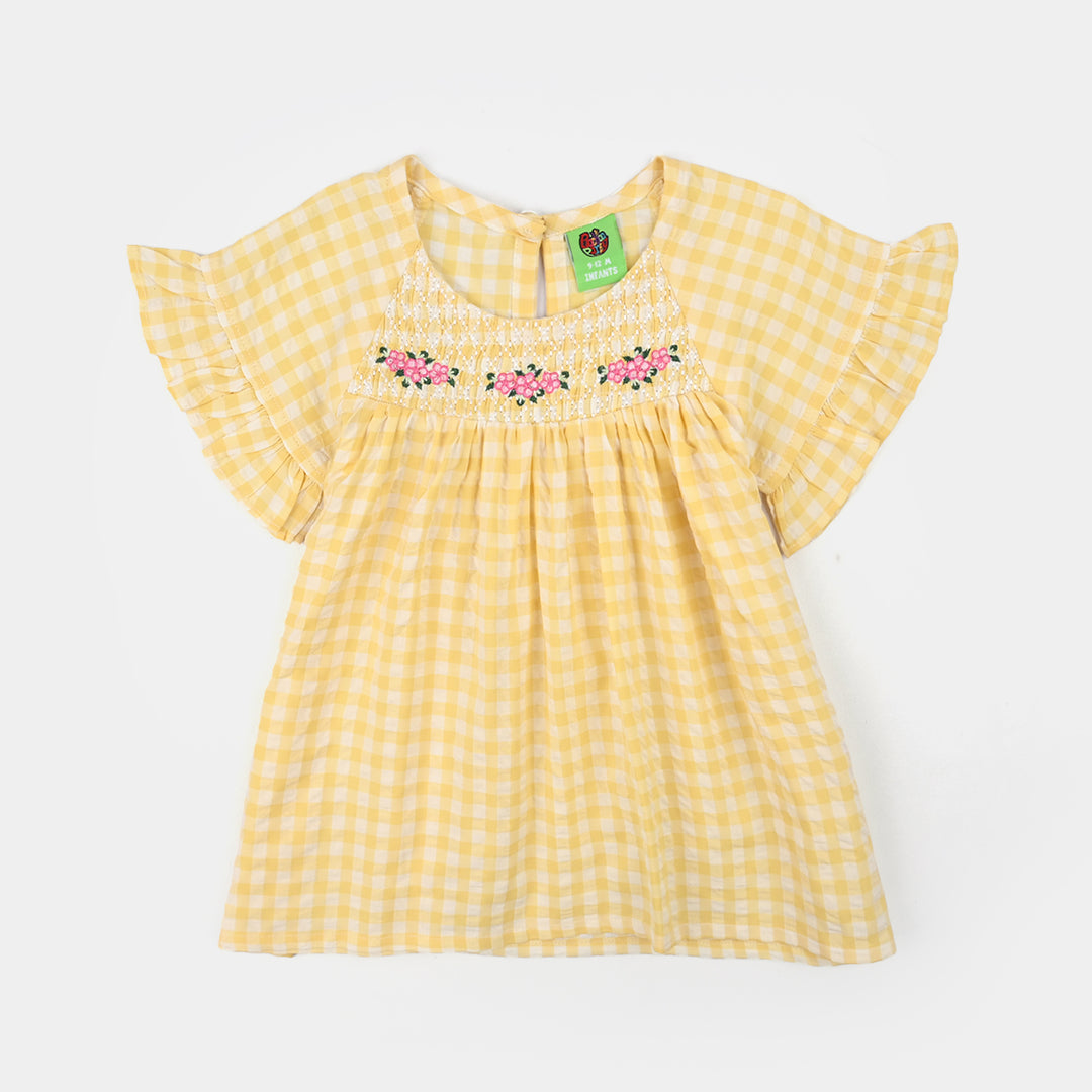 Infant Girls Poly Viscose Emb Frock Popcorn-Yellow