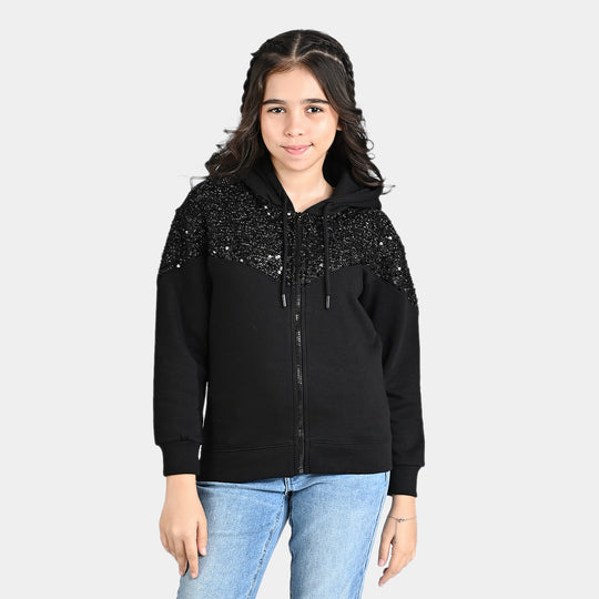 Girls Fleece Knitted Jacket Sequence-Jet.Black