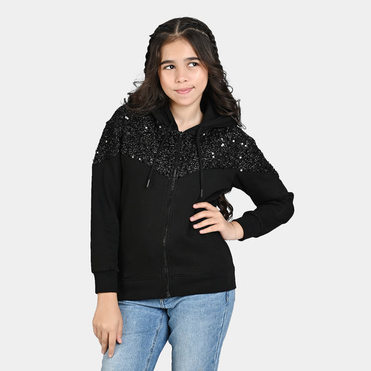 Girls Fleece Knitted Jacket Sequence-Jet.Black