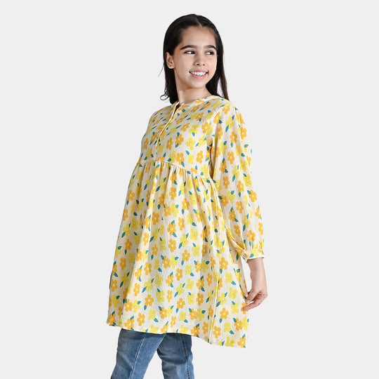 Girls Poly Cotton Casual Frock Plumeria-Multi