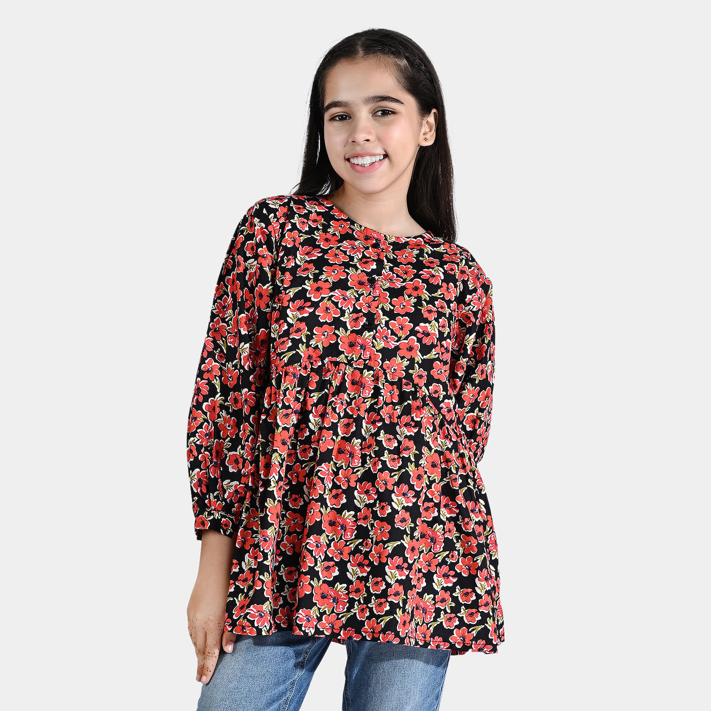 Girls Cotton Poplin Casual Top Red Flowers-Multi