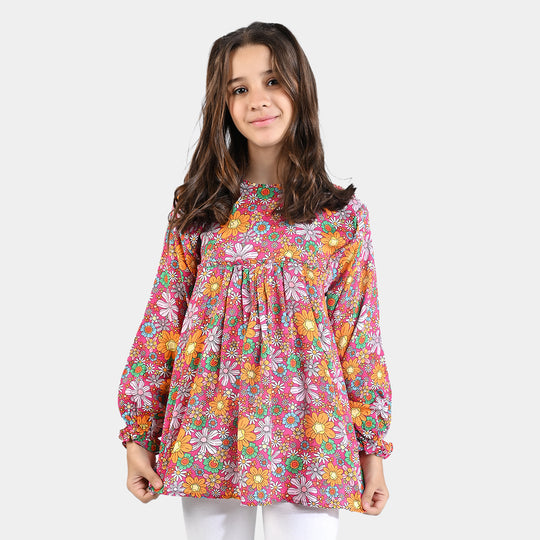 Girls Viscose Casual Top Flowers Doodles-Pink