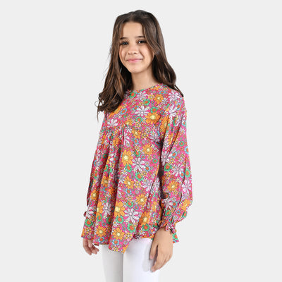 Girls Viscose Casual Top Flowers Doodles-Pink