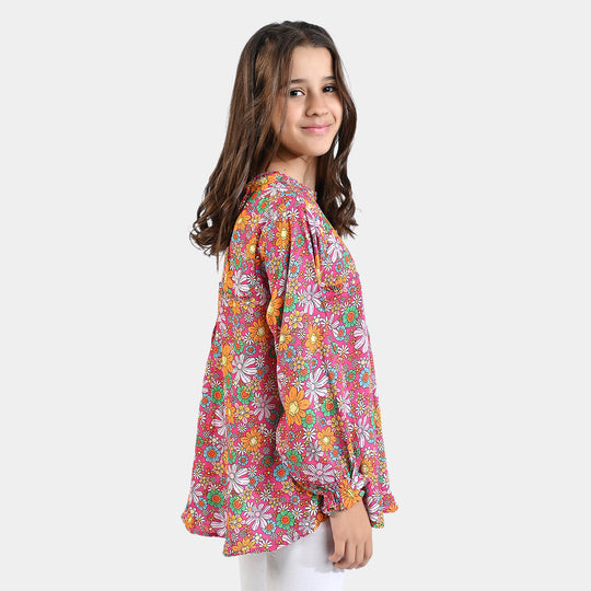 Girls Viscose Casual Top Flowers Doodles-Pink