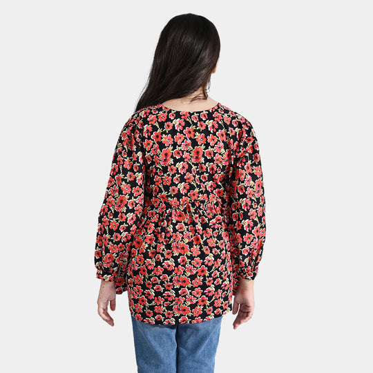 Girls Cotton Poplin Casual Top Red Flowers-Multi