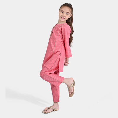 Girls Jacquard 2 Pcs Suit Stripe-Coral