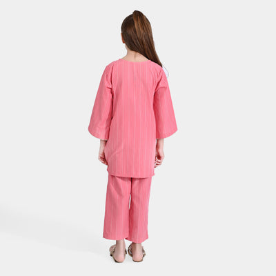 Girls Jacquard 2 Pcs Suit Stripe-Coral