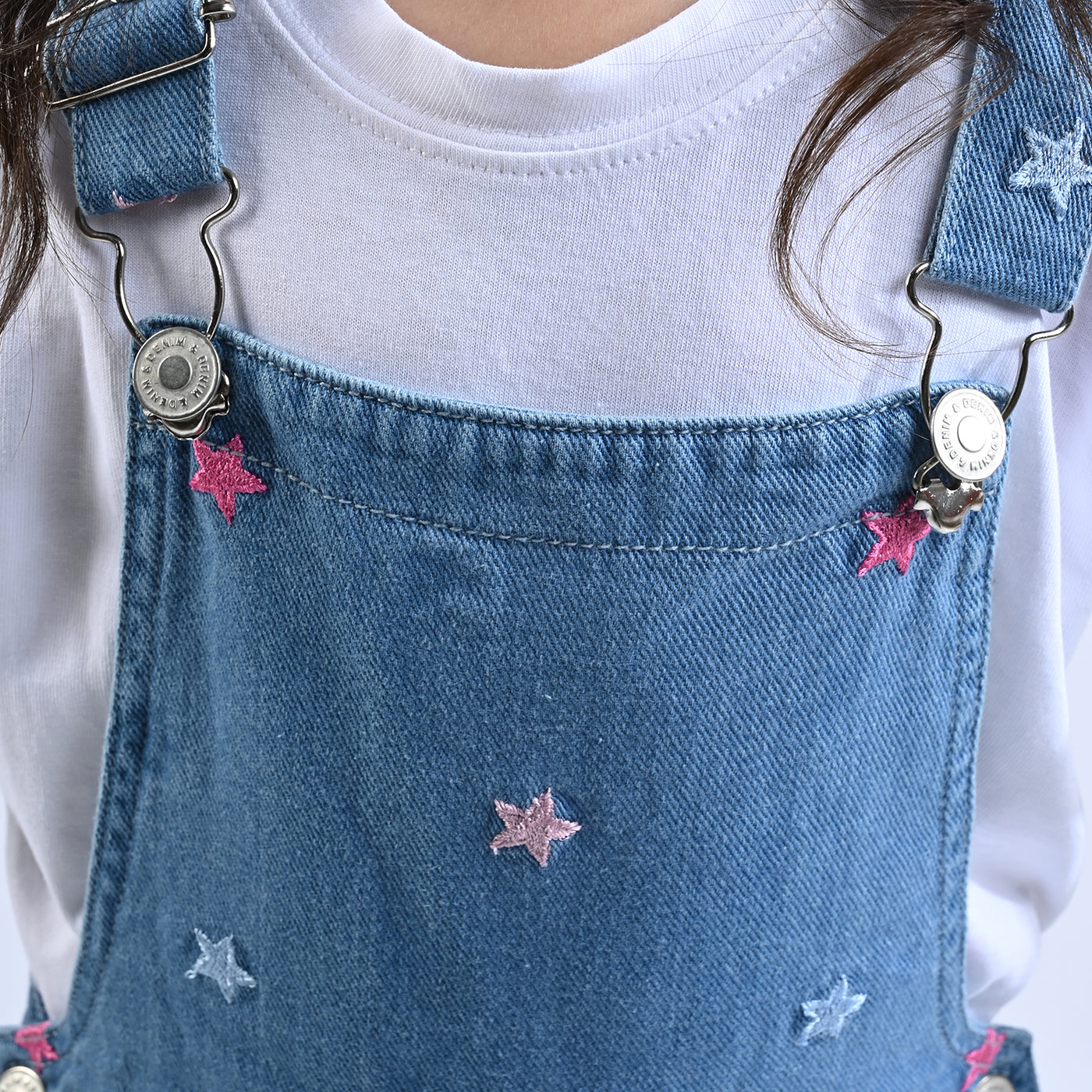 Girls Denim rigid Dangri Stars EMB-LIGHT BLUE