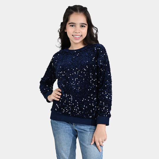 Girls Velvet Sequence Sweatshirt-Navy