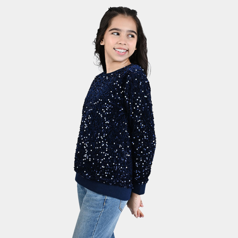 Girls Velvet Sequence Sweatshirt-Navy