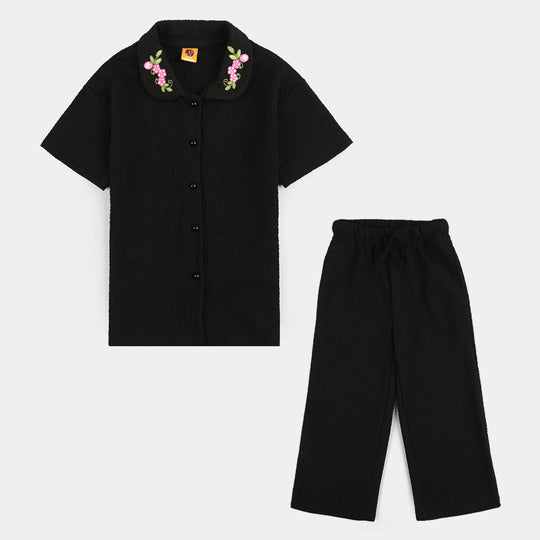 Girls Poly Crinkle Suit (Flower) - Black