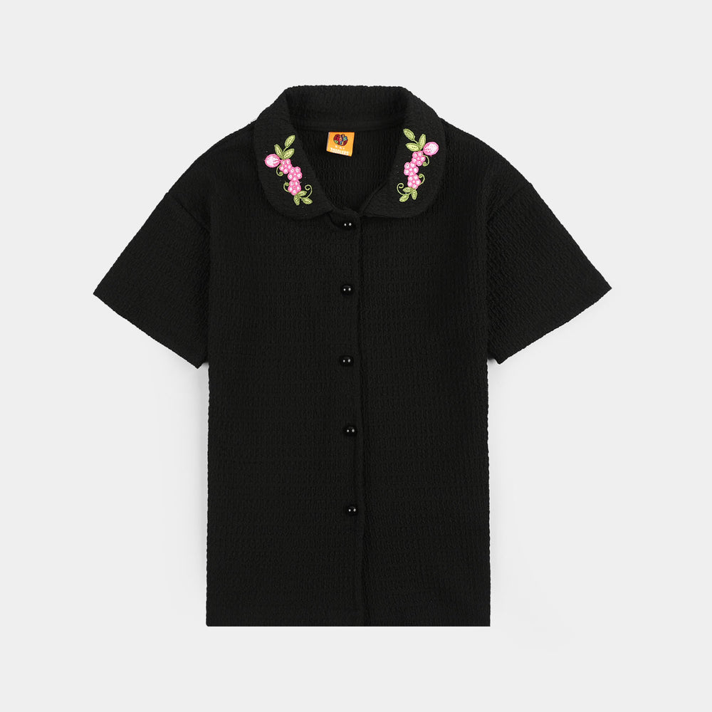 Girls Poly Crinkle Suit (Flower) - Black