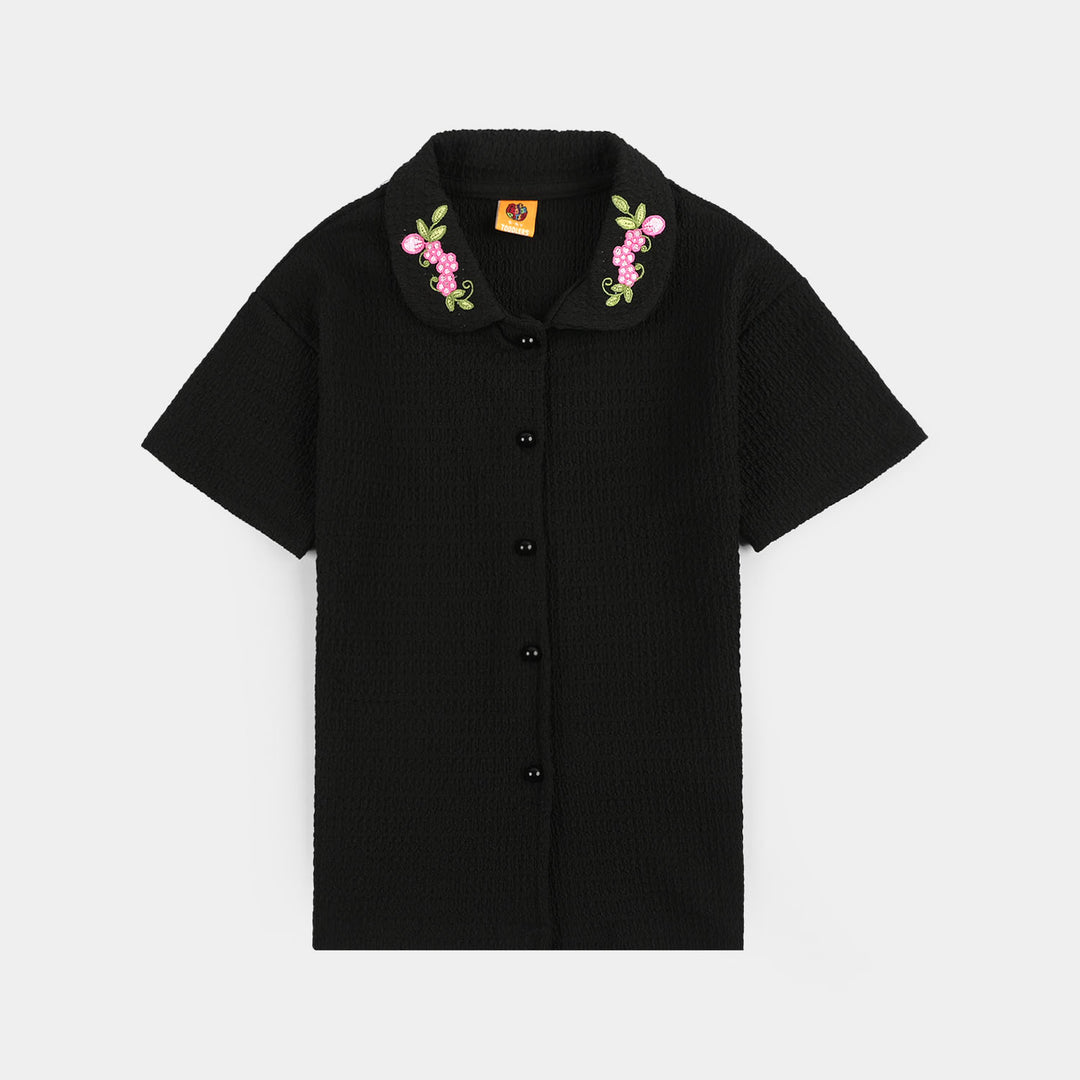 Girls Poly Crinkle Suit (Flower) - Black