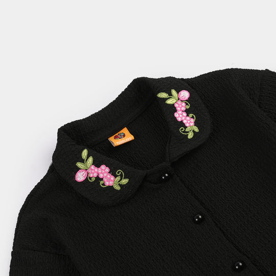 Girls Poly Crinkle Suit (Flower) - Black