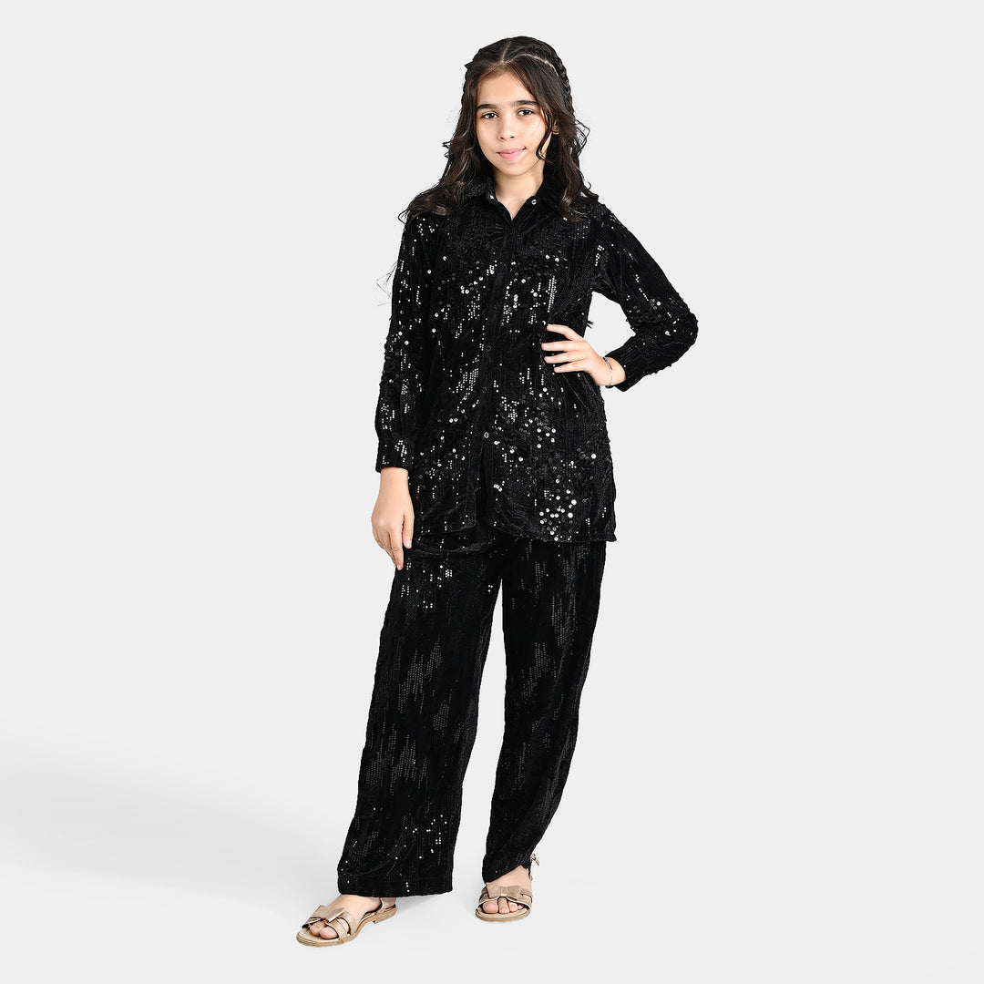 Girls Velvet Co-ord Set Tone Sequins-BLACK