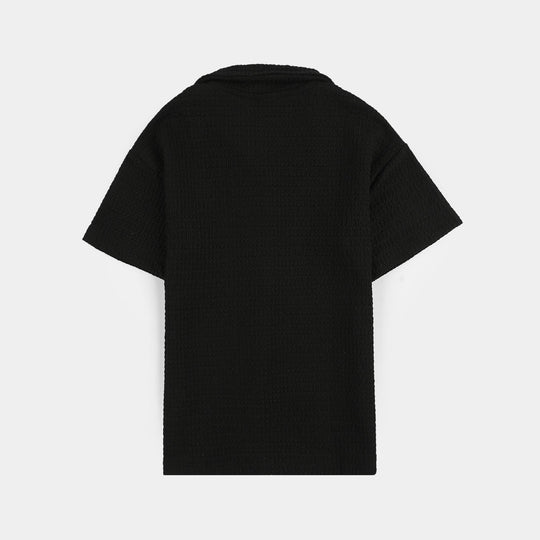 Girls Poly Crinkle Suit (Flower) - Black