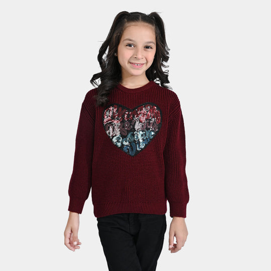 Girls Acrylic Sweater Positive Vibes-MAROON