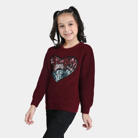 Girls Acrylic Sweater Positive Vibes-MAROON