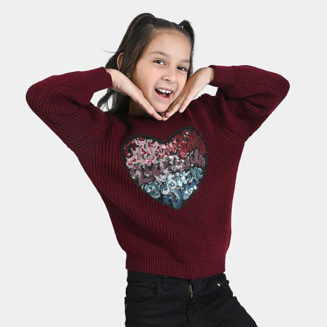 Girls Acrylic Sweater Positive Vibes-MAROON