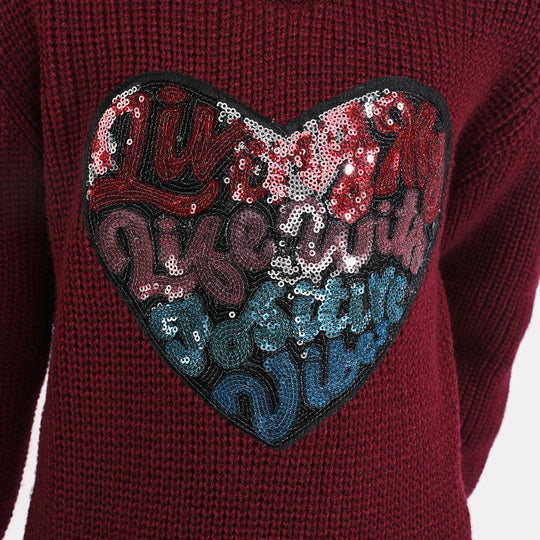 Girls Acrylic Sweater Positive Vibes-MAROON