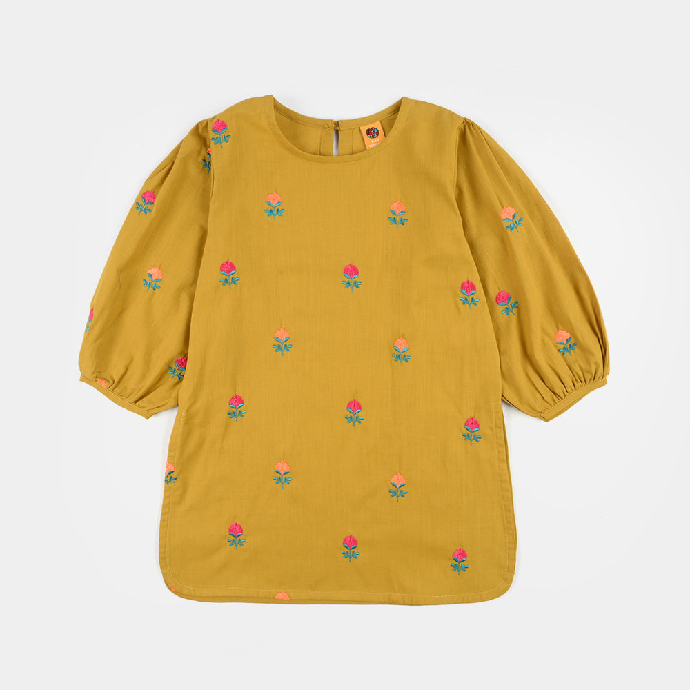 Girls Cotton Slub Embroidered 2-Piece Set (Sama) - Dhani Green