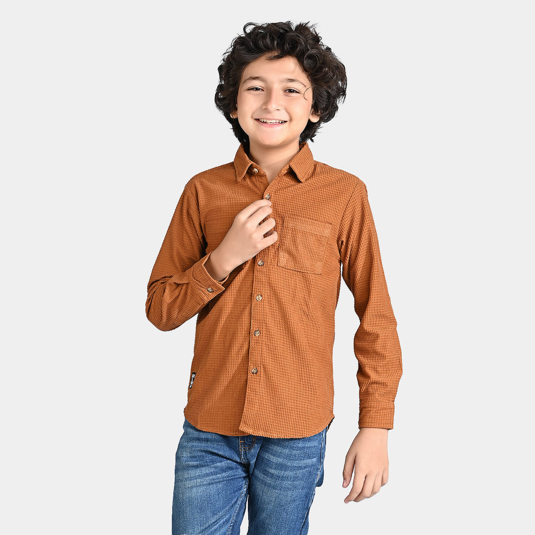 Boys Corduroy Casual Shirt F/S (Here comes fun)-BROWN