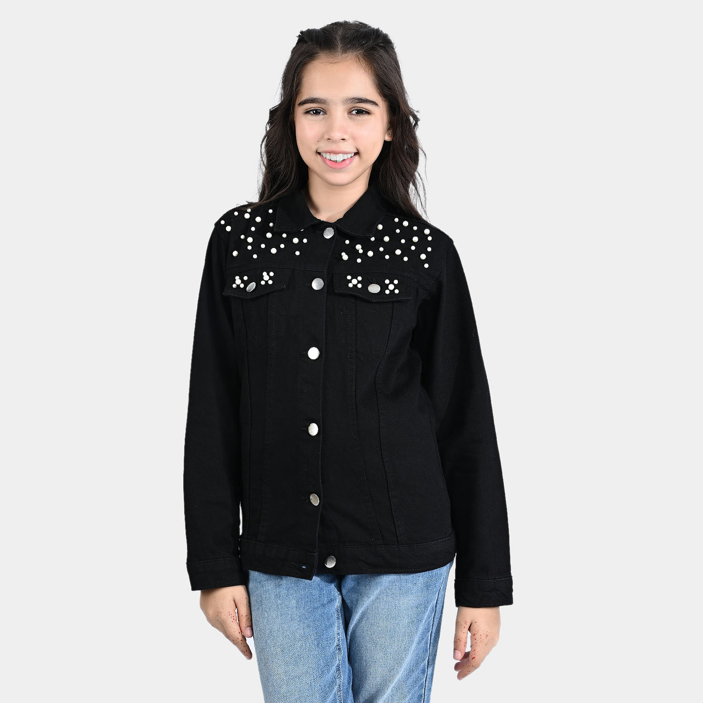 Girls Denim rigid Woven Jacket Black Pearls