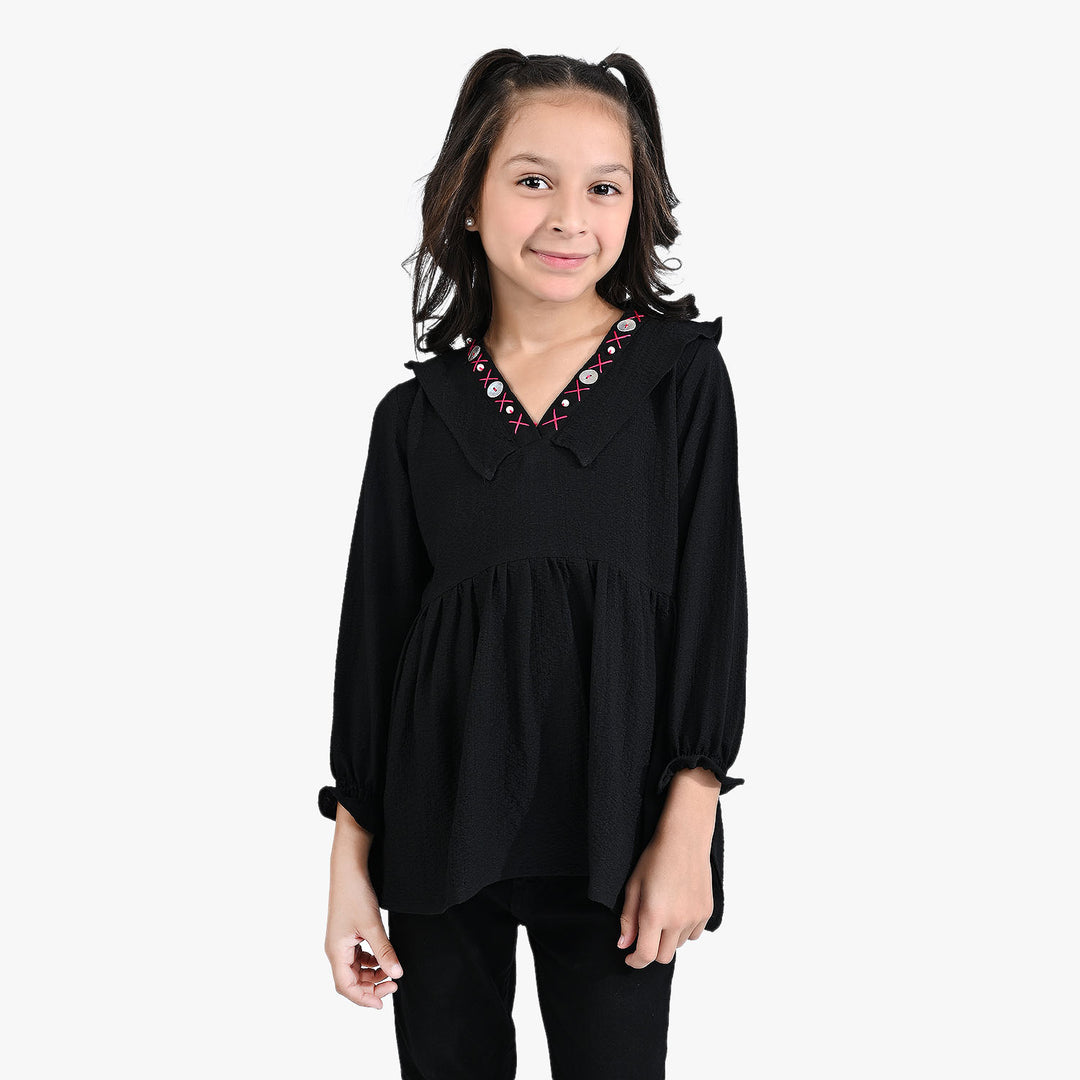 Girls Poly Cotton Casual Top Cross Stitch-BLACK