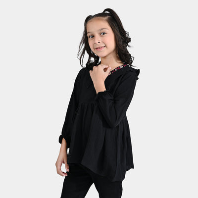 Girls Poly Cotton Casual Top Cross Stitch-BLACK