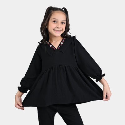 Girls Poly Cotton Casual Top Cross Stitch-BLACK