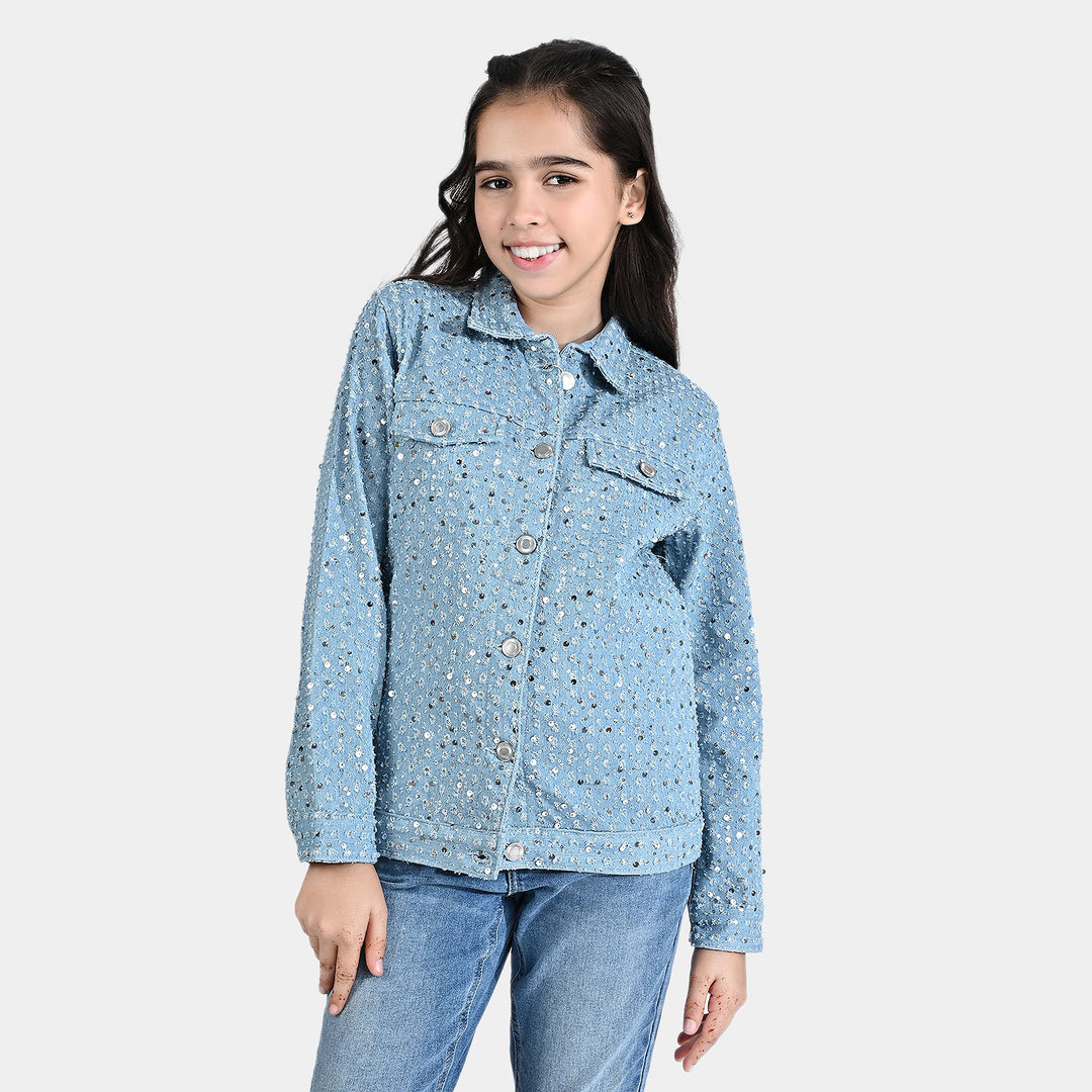 Girls Denim rigid Woven Jacket Sequins Sparkle-LIGHT BLUE