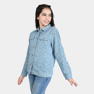 Girls Denim rigid Woven Jacket Sequins Sparkle-LIGHT BLUE