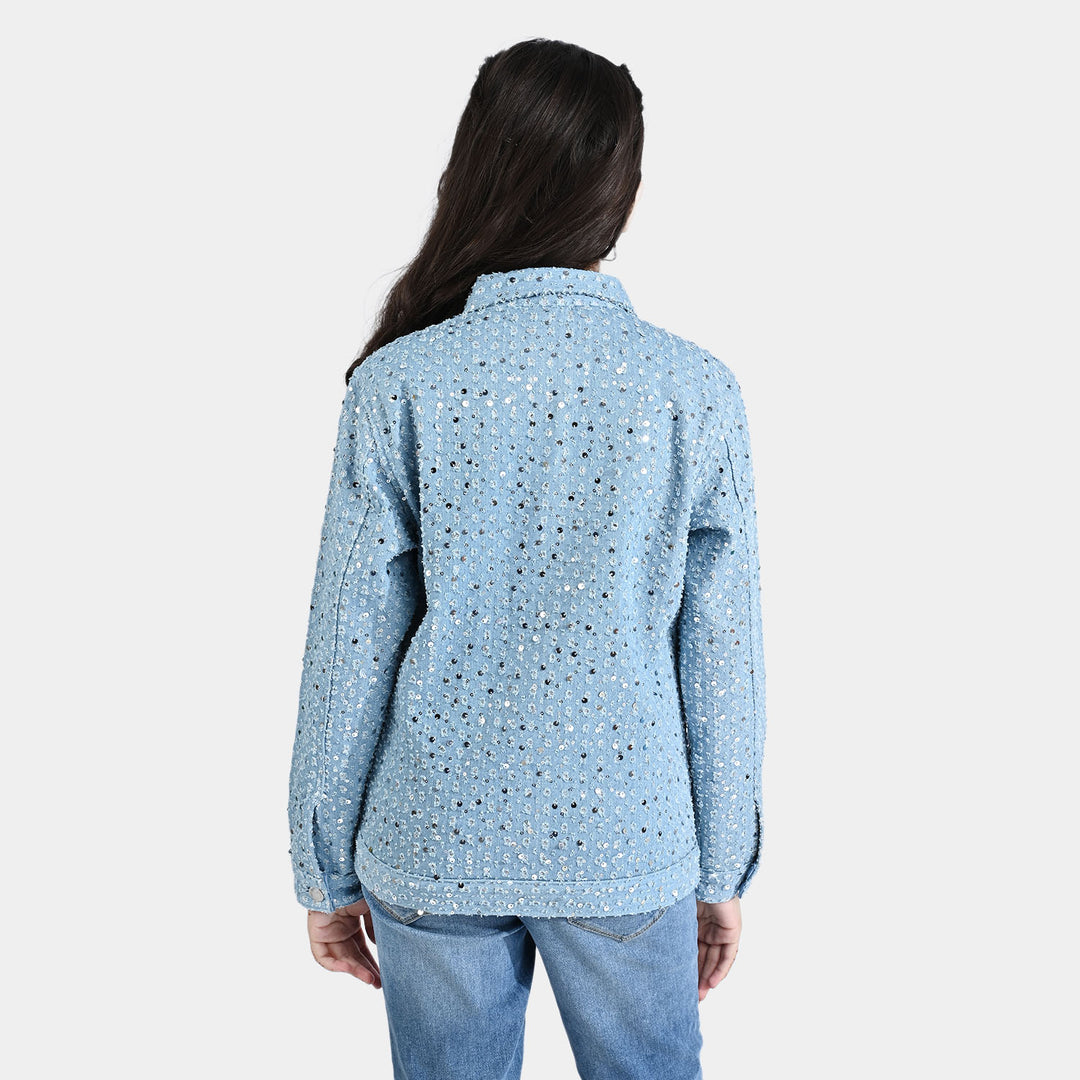 Girls Denim rigid Woven Jacket Sequins Sparkle-LIGHT BLUE