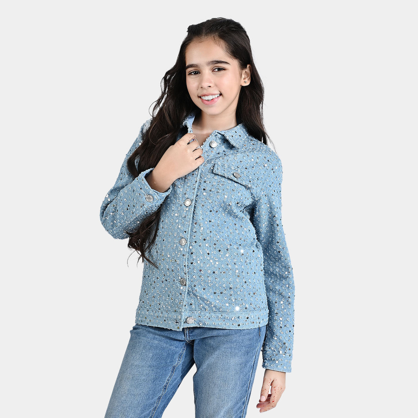 Girls Denim rigid Woven Jacket Sequins Sparkle-LIGHT BLUE