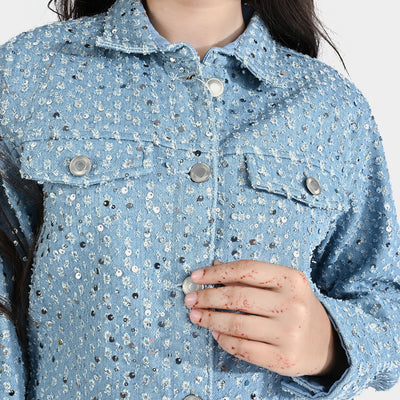 Girls Denim rigid Woven Jacket Sequins Sparkle-LIGHT BLUE