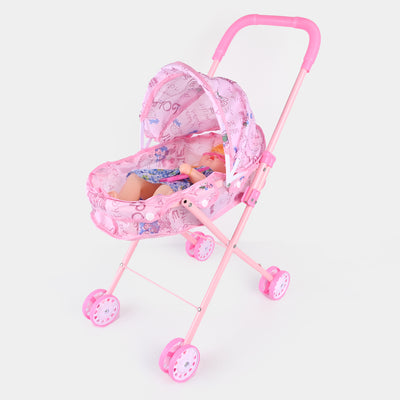 Doll With Metal Stroller - Pink