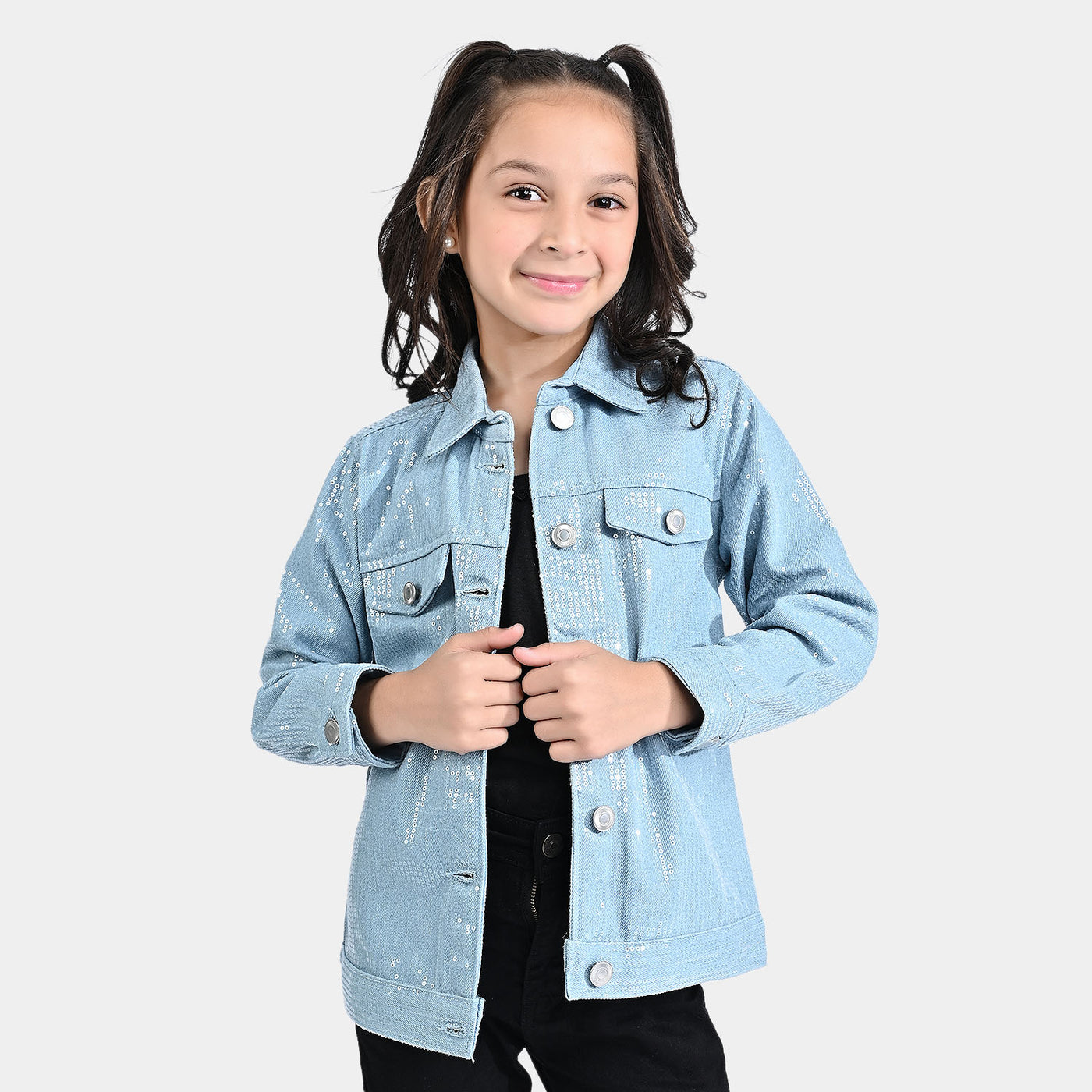 Girls Denim rigid Woven Jacket Sequins Sparkle-Ice Blue