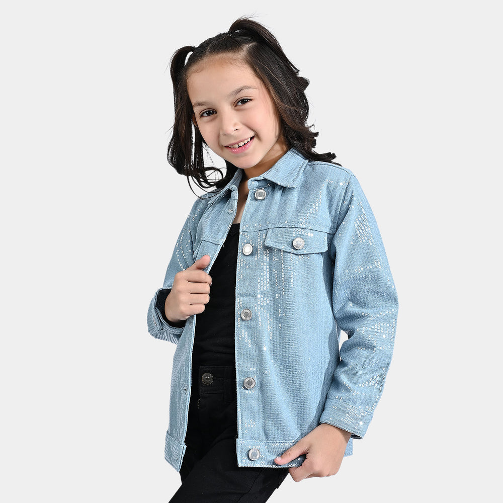 Girls Denim rigid Woven Jacket Sequins Sparkle-Ice Blue