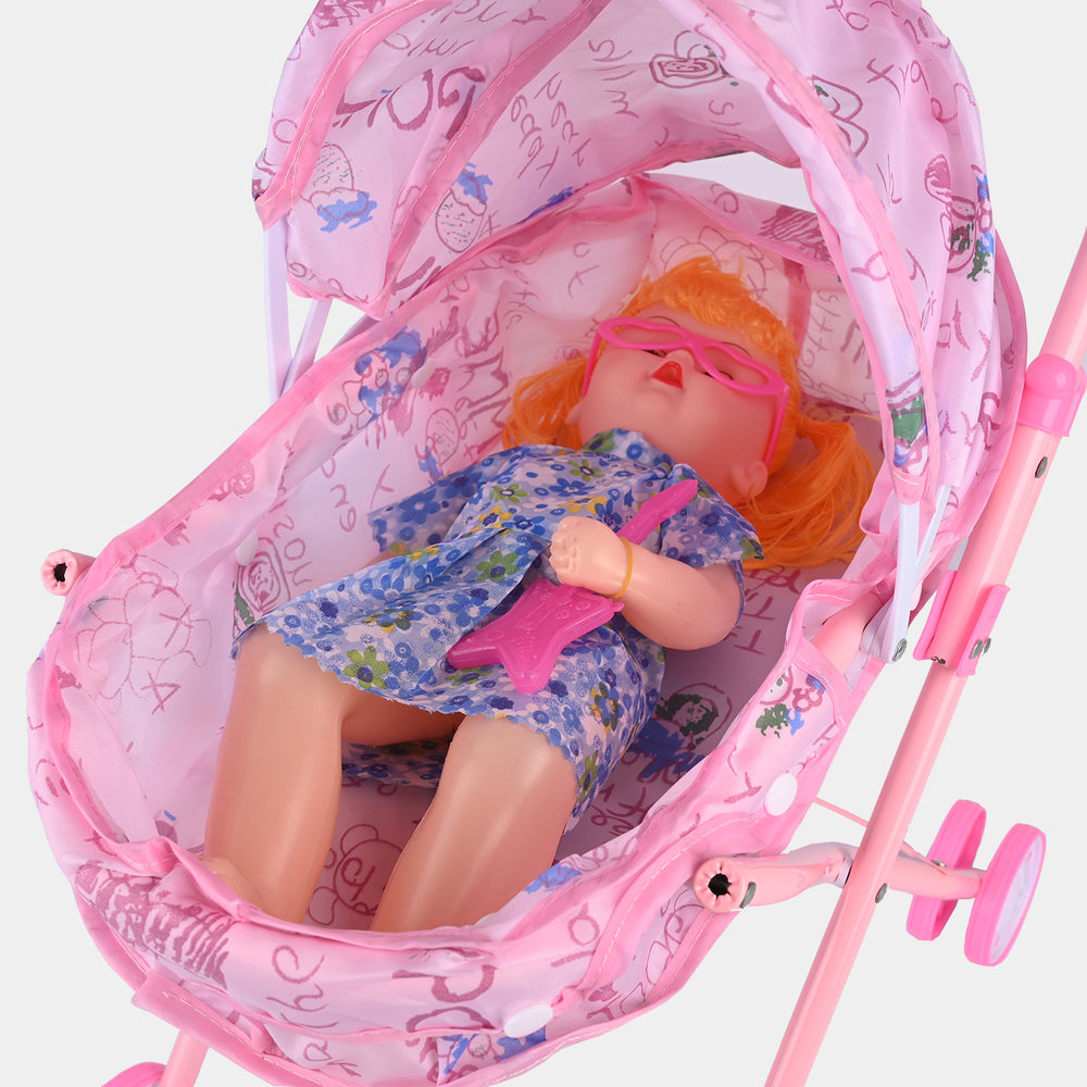 Doll With Metal Stroller - Pink