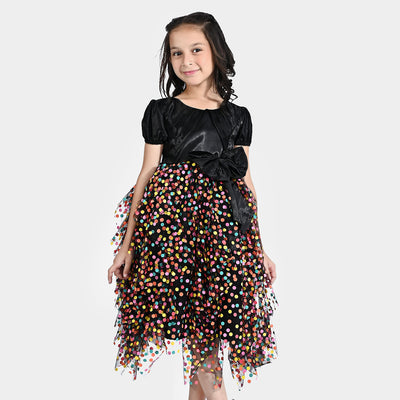 Girls Net Fancy Frock Multi Riffle-Multi