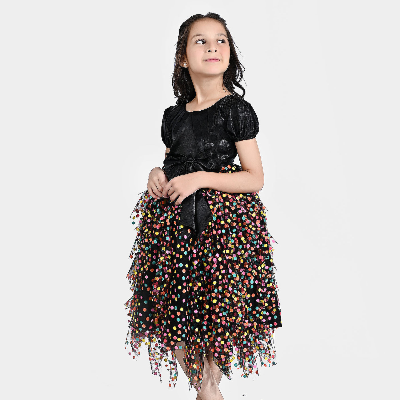 Girls Net Fancy Frock Multi Riffle-Multi