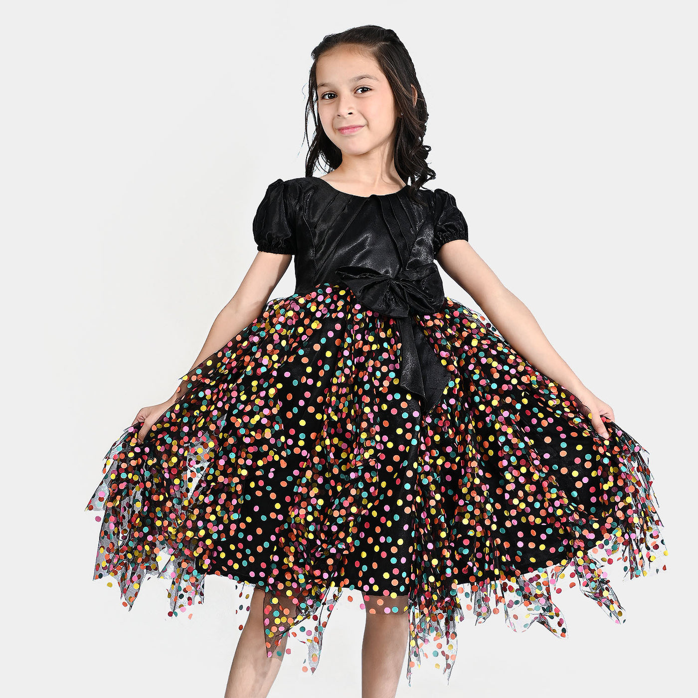 Girls Net Fancy Frock Multi Riffle-Multi