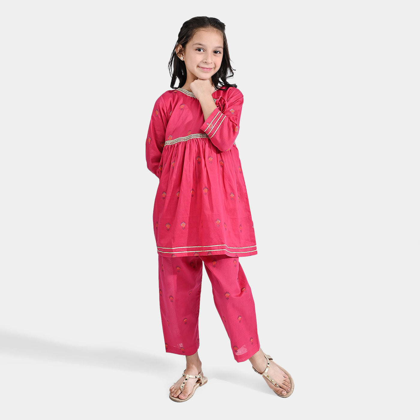 Girls Jacquard 2 PCs Suit Noor-Pink