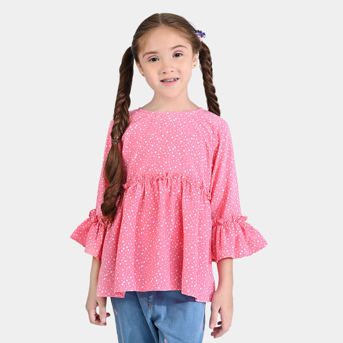 Girls Poly Cotton Casual Top White Dote-Pink