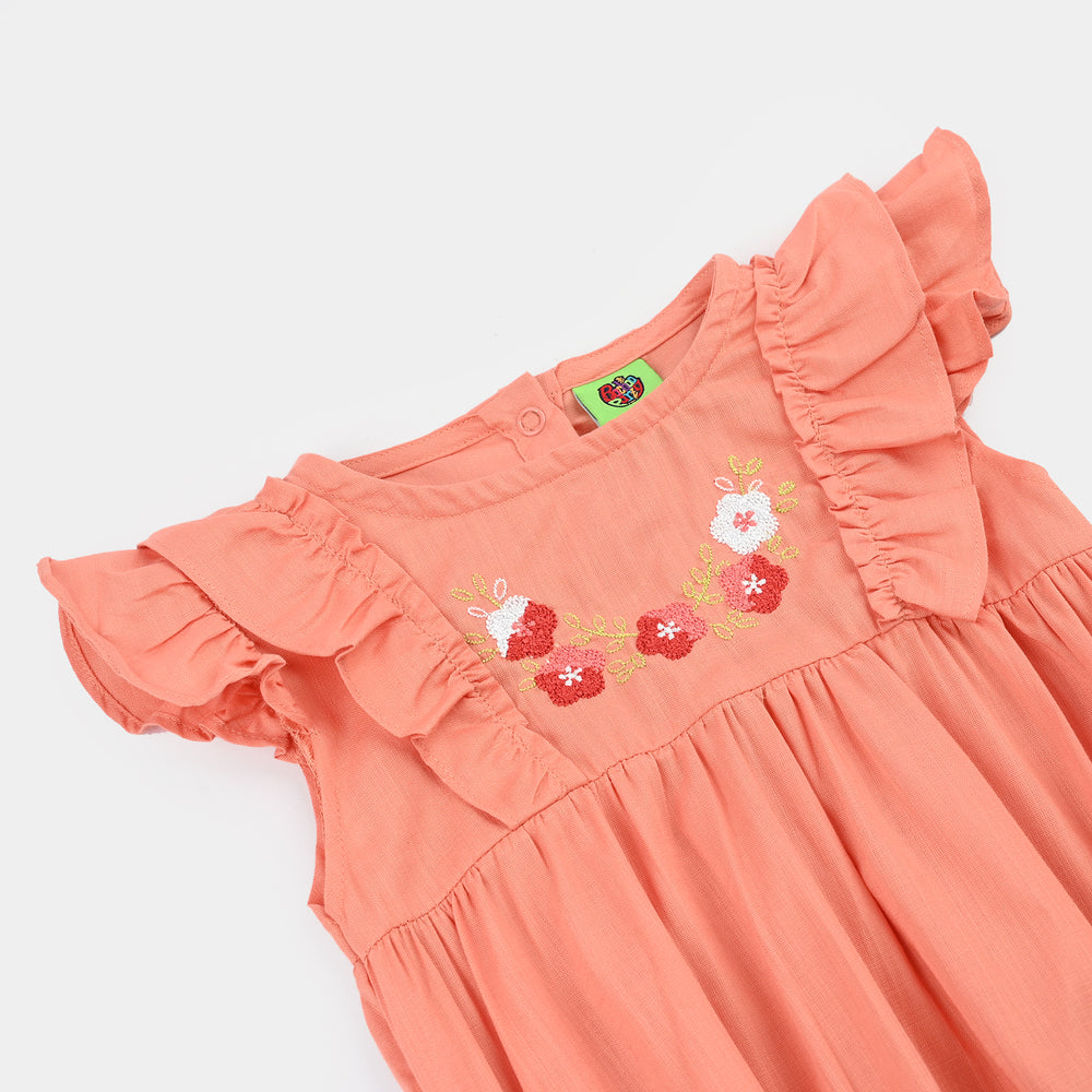 Infant Girls Cotton Slub Woven Romper-Flower Fall-Peach
