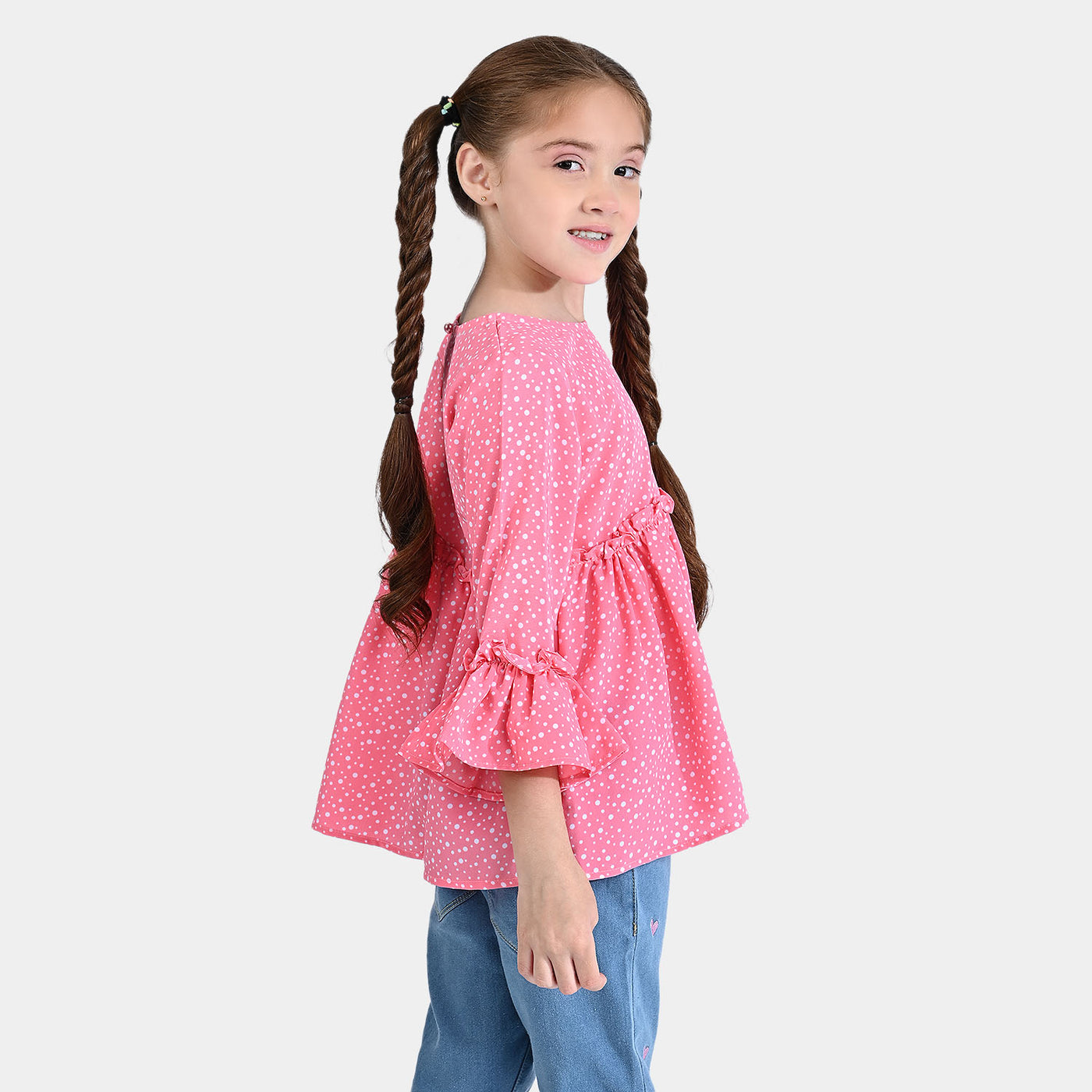 Girls Poly Cotton Casual Top White Dote-Pink