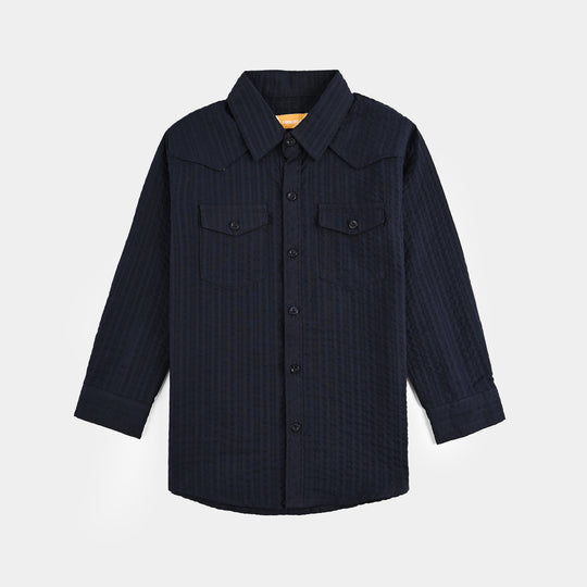 Boys Cotton Shirt F/S (Textured Stripe) - NAVY