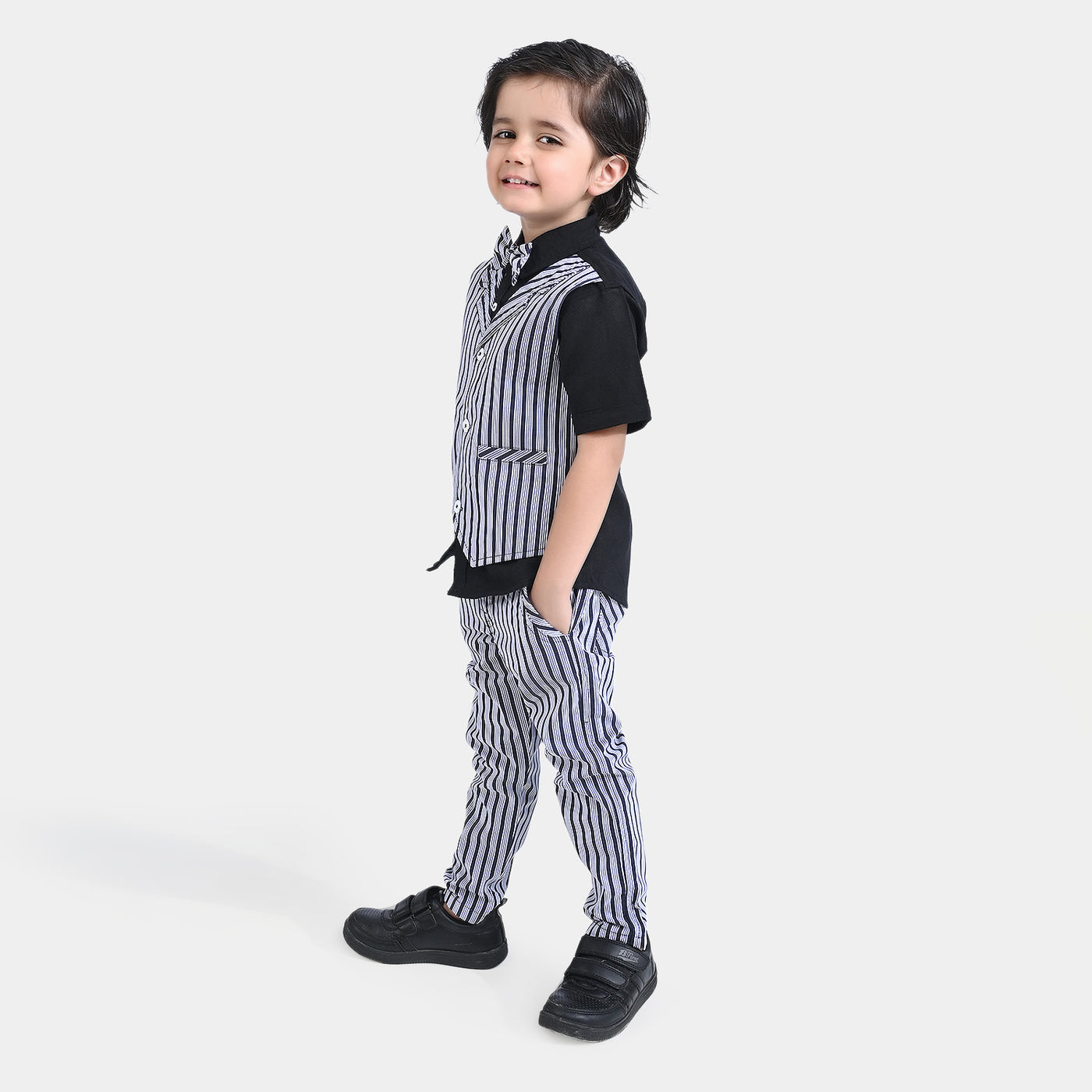 Boys 2PC Suit B&W Stripes-BLACK