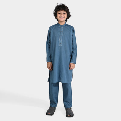 Boys Cotton Slub Shalwar Suit-Blue stone