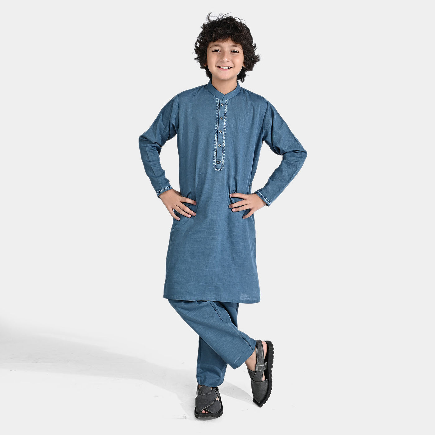 Boys Cotton Slub Shalwar Suit-Blue stone